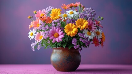  a vase filled with lots of colorful flowers on top of a purple table cloth covered tablecloth with a purple background behind the vase is a full of colorful bouquet of daisies.