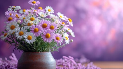  a vase filled with lots of purple and white flowers on top of purple and white flowers in front of a purple and white background with a few white daisies.
