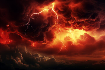 Dramatic red clouds and lightning