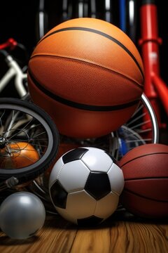 Various types of sports balls arranged neatly on a wooden table. Ideal for sports enthusiasts and sports-related content