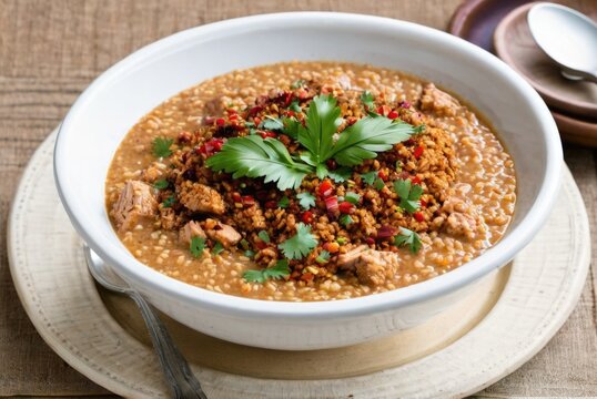 Harissa A porridge-like dish made from cracked wheat, meat (usually chicken or lamb) by ai generated