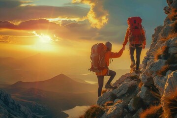 As the sky painted a breathtaking canvas of vibrant colors, two individuals stood hand in hand atop the mountain, immersed in the raw beauty of nature during a sunrise hike