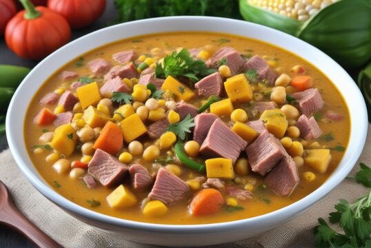 Locro A hearty stew made with corn, beans, meats such as pork or beef, squash, and other vegetables, flavored by ai generated