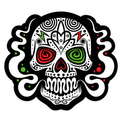 Mexican cartoon style skull image with smoke. Isolated on white background.