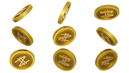 3D rendering of set of abstract golden Nigerian Naira coins concept in different angles. Naira sign on golden coin isolated on transparent background