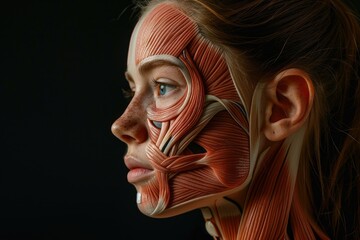 Close-up, hyper-realistic portrait of a female face, showcasing intricate muscle anatomy and detailed facial features