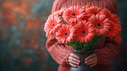  a close up of a person holding a vase with a bunch of flowers in it and holding a bouquet of pink daisies in their hands with a red sweater.