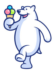 Cartoon style polar bear character, holding ice cream. Isolated on white background.