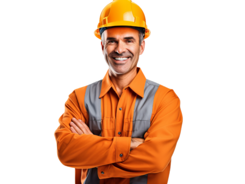 A factory engineer wear worker clothes looking and smille for the camera on transparent background
