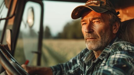 A Mature farmer driving tractor on a farm. Generative AI.