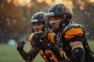 Two fierce football players in matching black and orange uniforms clash on the grassy field, their protective helmets and gloves adding to the intensity of this outdoor team sport