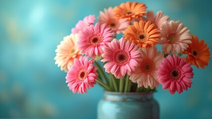  a blue vase filled with lots of pink and orange gerbers on a blue tablecloth covered wall behind a blue vase with pink and orange daisies in it.