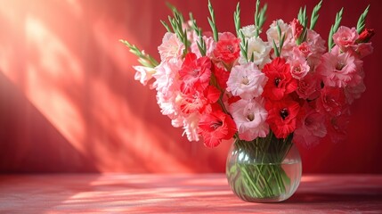 a vase filled with pink and white flowers on top of a red tableclothed tableclothed area with a red wall behind the vase and a red wall behind the vase.