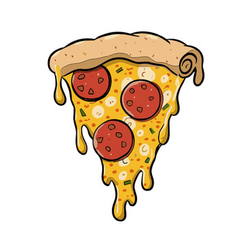 Vibrant vector illustration of a melting pizza slice, topped with pepperoni and cheese, perfect for food menus, posters, and culinary websites
