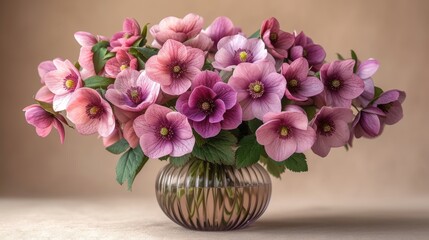 Naklejka na ściany i meble a bouquet of pink and purple flowers in a glass vase on a table top with a brown wall behind it and a light brown wall behind the vase with pink flowers.