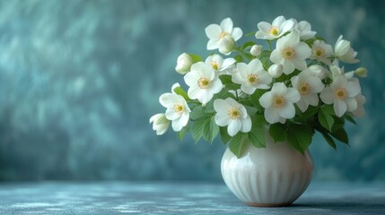  a white vase filled with white flowers sitting on top of a blue and green tableclothed wall behind a blue and green wall behind a blue - green background.