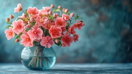  a vase filled with pink flowers sitting on top of a wooden table next to a blue wall and a blue wall behind the vase is a vase with pink flowers in it.