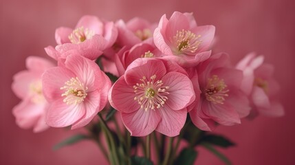  a bunch of pink flowers in a vase on a pink background with a pink wall in the background and a pink wall in the background with a pink wall in the middle.