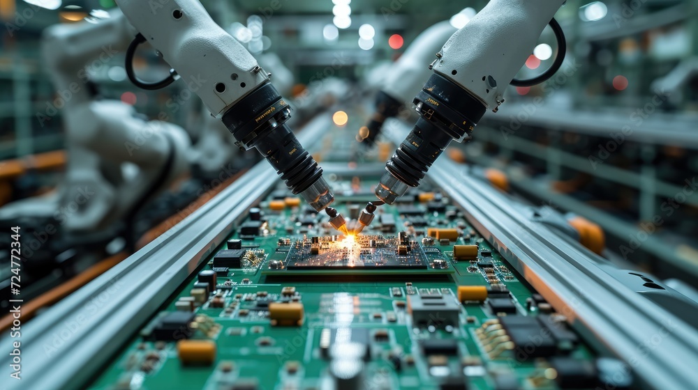 Poster Advanced High Precision Robot Arms on Fully Automated Assembly Line Inside Modern Electronics Factory, Electronic Devices Production Industry, Component Installation on Circuit Board. Generative AI.