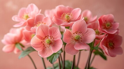  a bunch of pink flowers sitting in a vase on a table with a pink wall in the background and a pink wall behind the vase with pink flowers in the middle.