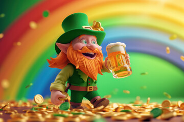 cartoon character of leprechaun with beer celebrating by rainbow
