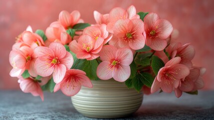  a vase filled with pink flowers sitting on top of a table next to a green leafy plant on top of a gray table cloth covered with a pink wall in the background.