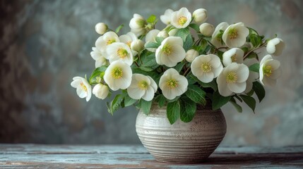  a vase filled with white flowers sitting on top of a wooden table next to a green leafy plant growing out of the top of the top of the vase.