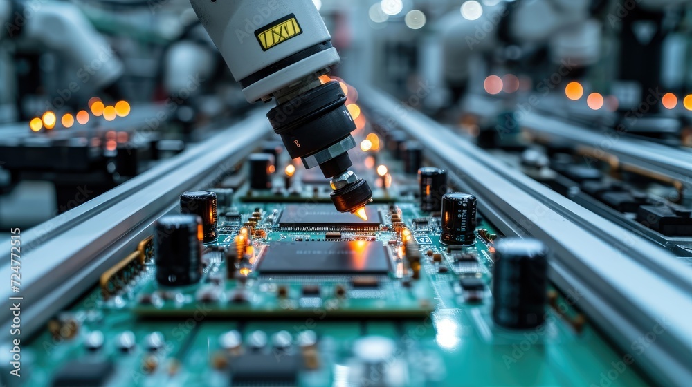 Poster Advanced High Precision Robot Arms on Fully Automated Assembly Line Inside Modern Electronics Factory, Electronic Devices Production Industry, Component Installation on Circuit Board. Generative AI.