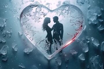 A picture showing a man and a woman standing inside a heart-shaped ice structure. Perfect for romantic themes and winter-related designs