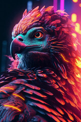 a close up of a bird with a neon background and a neon light behind it, with a blurry background, generative ai