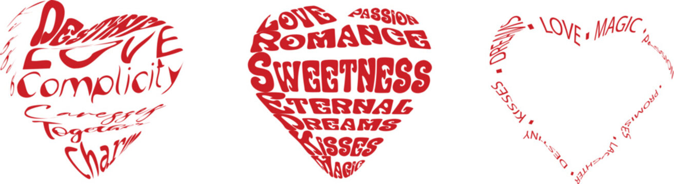 Set de corazones rojos para San Valent&iacute;n. Pack de corazones con dise&ntilde;o tipogr&aacute;fico. Corazones de letras sin fondo. 