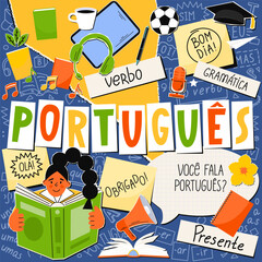 Portugues. Translate:" Portuguese. Present, verb, hi, thank you, Do you speak Portuguese, Good afternoon  grammar, but, I, What ?, one".  © N.Savranska