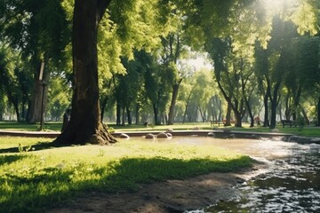 A picture of a river running through a beautiful, green park. This image can be used to depict tranquility and nature in various projects