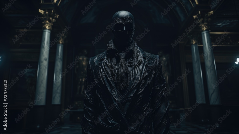 Poster a man standing in a dark room wearing a mask. this image can be used to portray mystery or anonymity