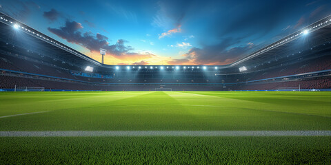 Football, soccer stadium. View of an empty football stadium with lush green field and sun peeking through a clear blue sky