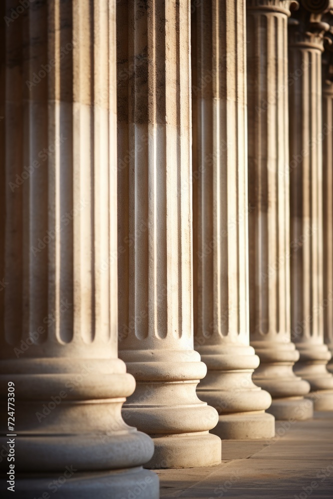 Poster A row of white pillars with clocks mounted on each of them. This image can be used to depict time management, punctuality, or a sense of order and organization