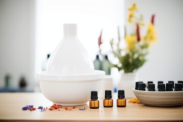 Fototapeta na wymiar essential oil bottles arranged around a white ceramic bowl