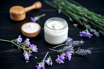 Fototapeta na wymiar skincare creams with lavender flowers on a black countertop