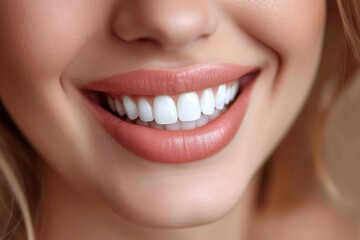 Obraz premium A radiant woman's smile showcases her pearly whites, perfectly lined with a hint of lipstick and framed by long eyelashes, conveying confidence and good oral hygiene