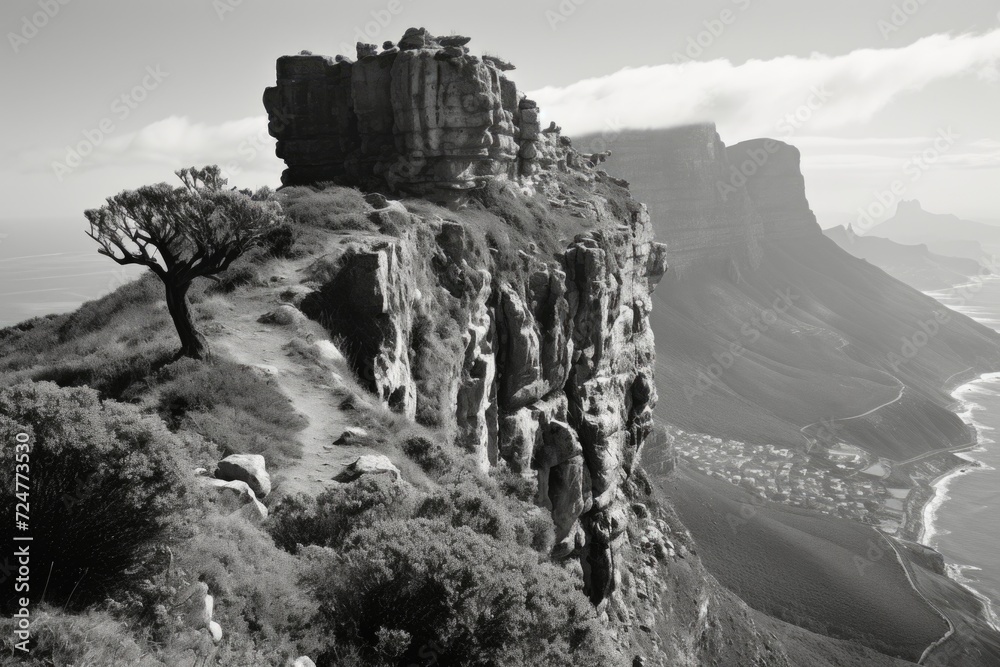Poster a black and white photo capturing the beauty of a rocky cliff. perfect for adding a touch of nature 
