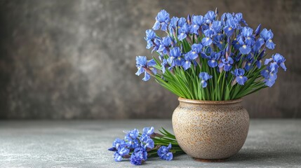  a vase filled with blue flowers sitting next to a bunch of blue flowers on top of a white counter top next to a brown vase with blue flowers in it.