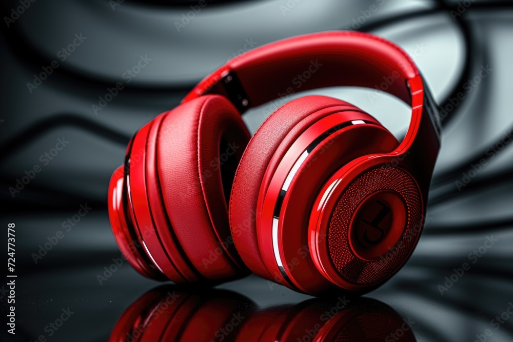 Aufkleber Red headphones placed on top of a table. Suitable for technology or music-related projects