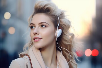 A woman wearing headphones walks down the street. Ideal for illustrating urban lifestyle and music enjoyment