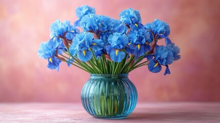  a blue vase filled with blue flowers on top of a pink table next to a pink wall and a pink wall behind the vase is a bouquet of blue flowers.