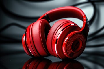 Red headphones placed on top of a table. Suitable for technology or music-related projects