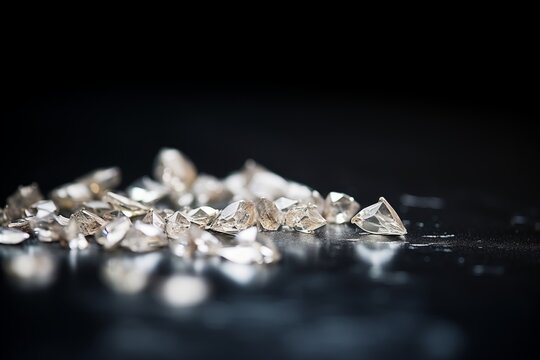 close-up of sparkling raw diamonds on black background