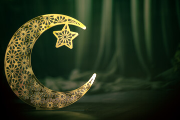 Eid Mubarak creative new poster design ,crescent moon shape on studio background , golden moon ,...