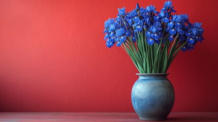  a blue vase filled with blue flowers on top of a wooden table in front of a red wall and a red wall behind the vase is a blue vase with purple flowers.