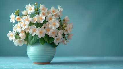  a vase filled with white flowers sitting on top of a blue counter top next to a blue wall and a blue wall behind the vase is filled with white flowers.