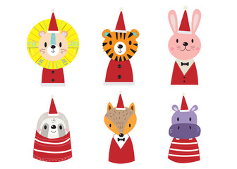 Cute Jungle animal faces in christmas day,Cute Jungle animal faces,Cute animal faces,Hand drawn doodle characters,Vector illustration